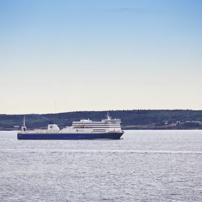 A shot captured from the shoreline of the Marine Atlantic MV Highlanders ferry as it sails past a tree covered embankment. 