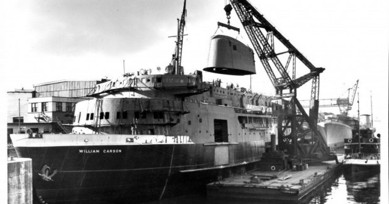 The MV Carson docked while being put together