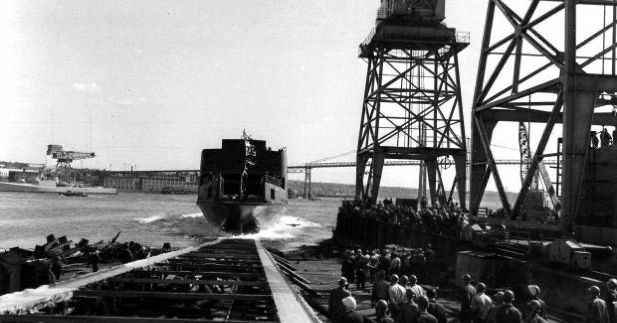 the original MV Confederation being launched into the water