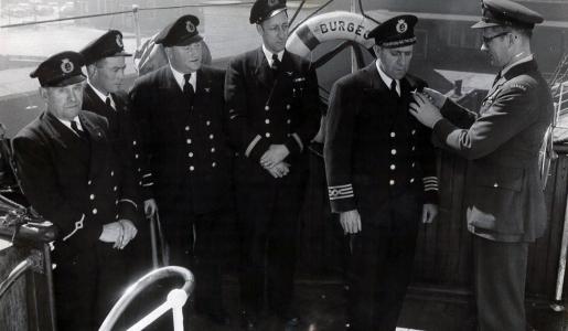 Image: black and white, crew of the SS Burgeo in uniform